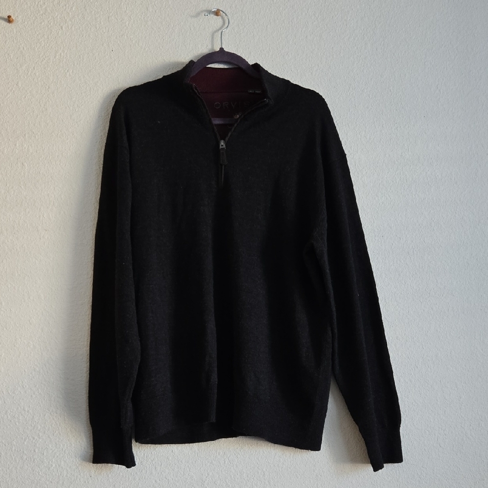 Orvis Men's Black Quarter Zip 100% Merino Wool Sweater Cozy Holiday Size L